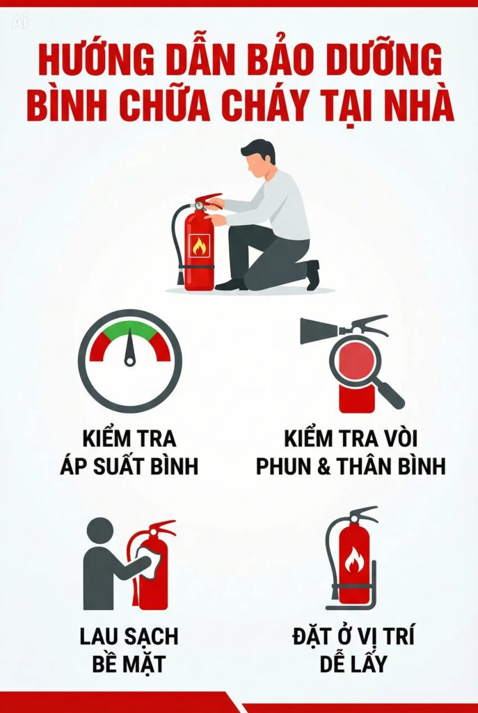 Hướng dẫn chi tiết hướng dẫn bảo dưỡng bình chữa cháy tại nhà với các bước an toàn, checklist và lưu ý quan trọng theo tiêu chuẩn PCCC.