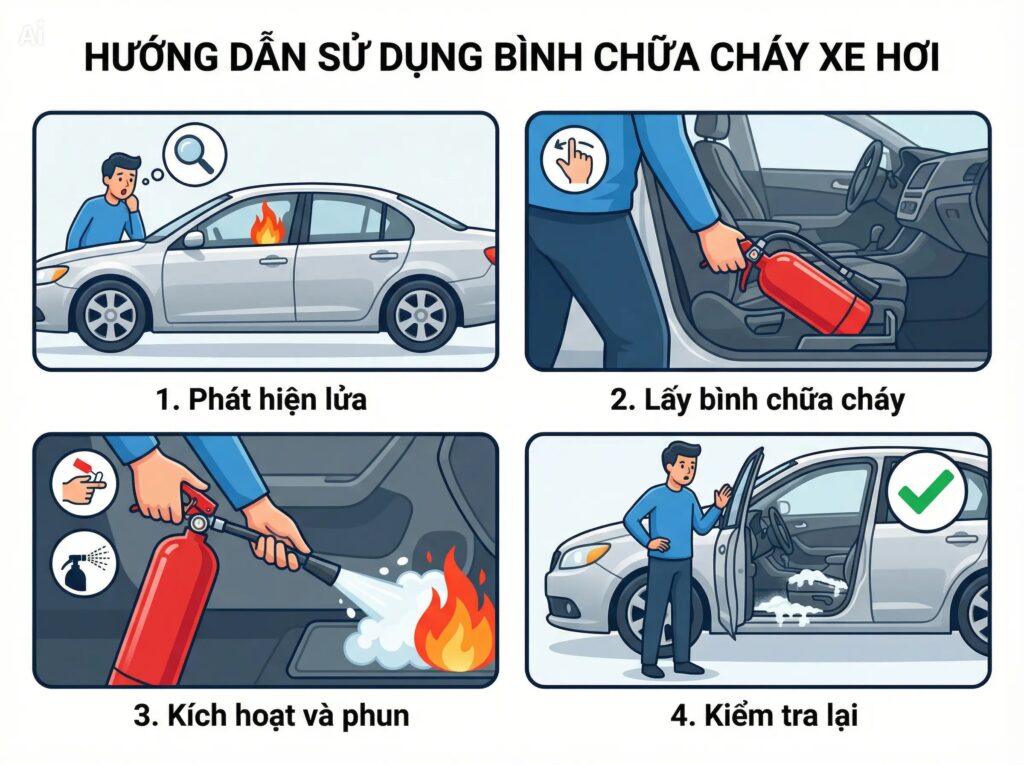 Hướng dẫn chi tiết cách dùng bình chữa cháy cho xe ô tô với các bước an toàn, checklist và lưu ý quan trọng theo tiêu chuẩn PCCC.