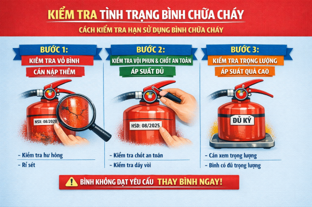 Thông tin đầy đủ về cách kiểm tra hạn sử dụng bình chữa cháy: thông số, ứng dụng, ưu nhược điểm và giá tham khảo theo tiêu chuẩn PCCC.