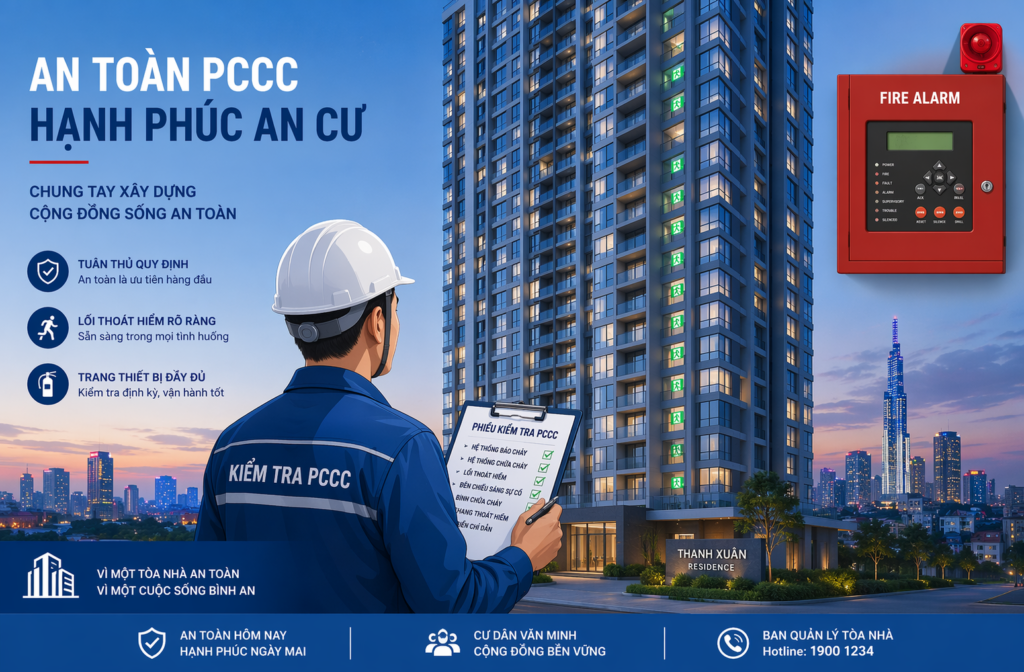 Checklist PCCC đầy đủ cho tòa nhà cao tầng: hệ thống báo cháy, sprinkler, thang thoát hiểm, hút khói. Kèm lỗi thường gặp, mức phạt và FAQ cập nhật 2026.